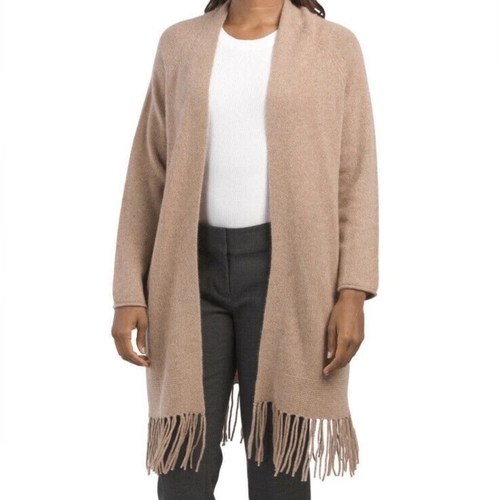 SKULL CASHMERE Millie Sweater Taupe Fringe Pockets Open Cardigan Small REPAIR